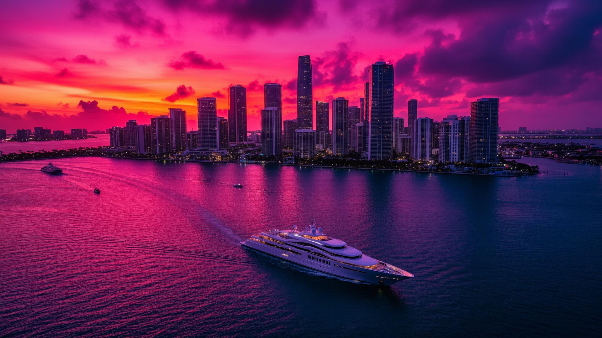 Miami skyline at sunset with luxury yacht